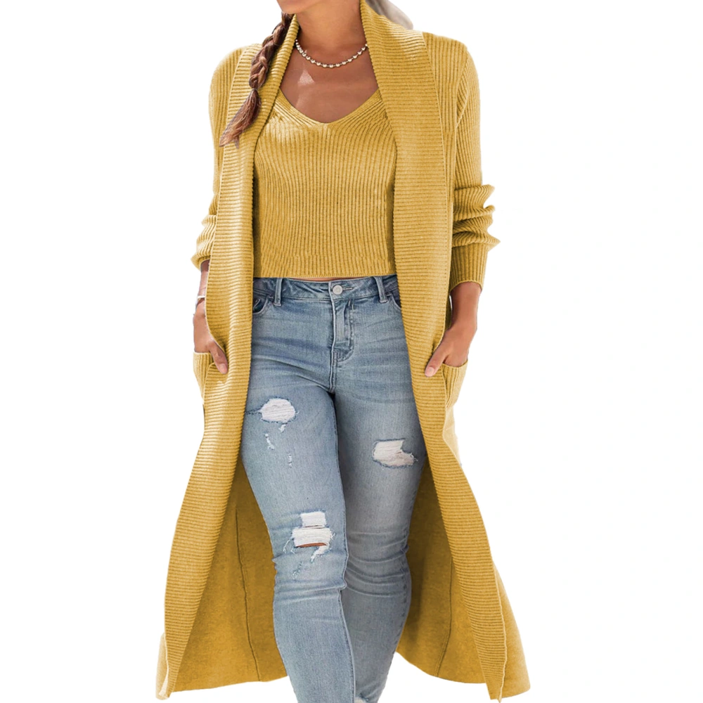 2pcs Open Front Coat Tank Top Knitted Casual Fit Open Front Coat Tank Top Loungewear for Women Yellow L