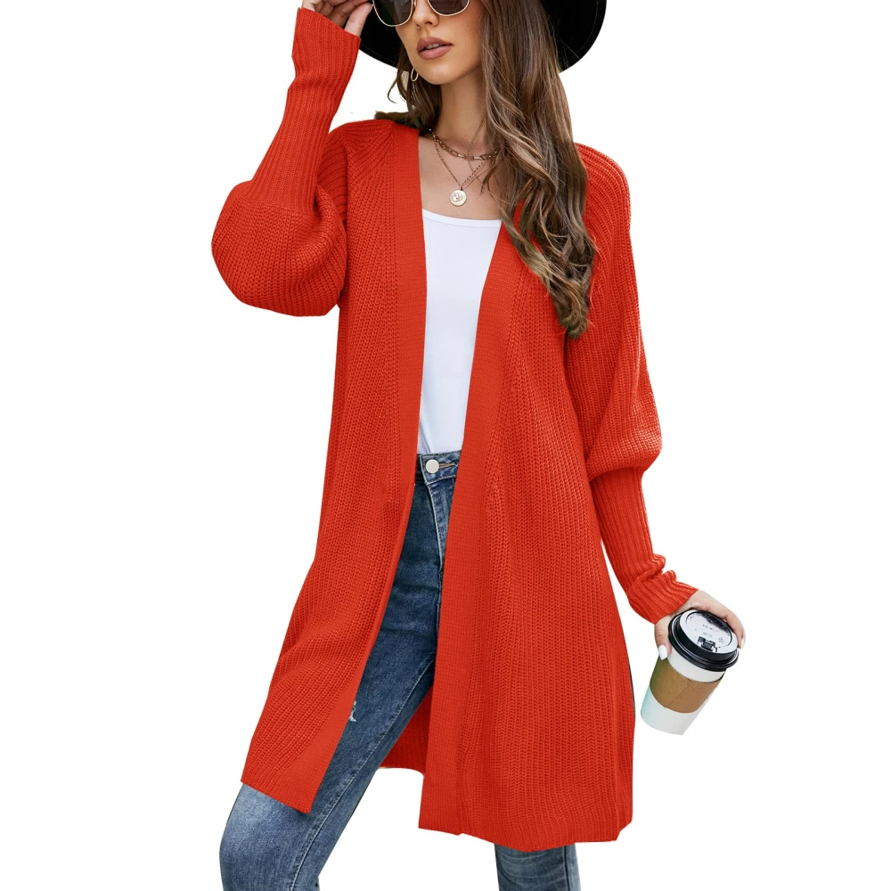 Women Knit Coat Open Front Belted Long Puff Sleeves Pure Color Midi Length Casual Sweater Coat Orange M