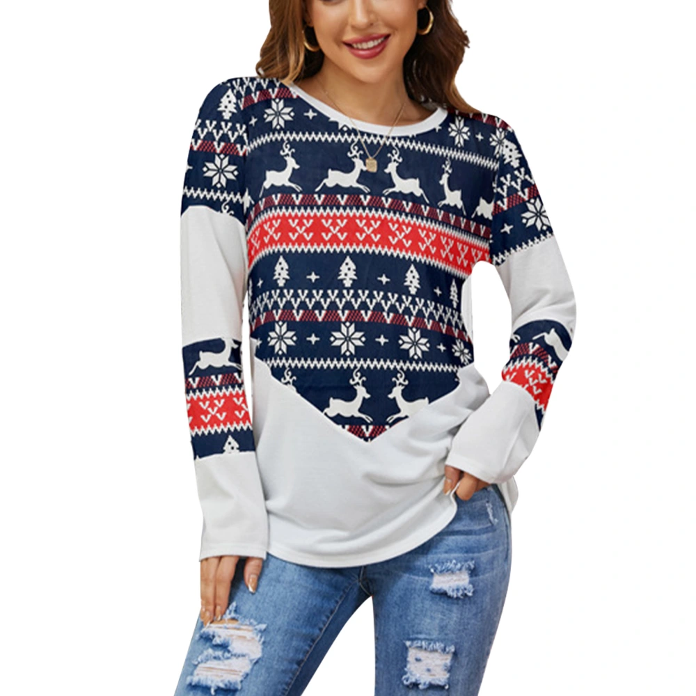 Christmas Print Pullover Shirt Color Block Long Sleeve Casual Loose Crewneck Print Blouse Top for Women Blue S