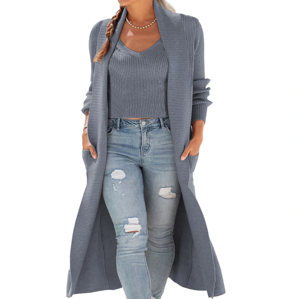 2pcs Open Front Coat Tank Top Knitted Casual Fit Open Front Coat Tank Top Loungewear for Women Blue Grey XXL