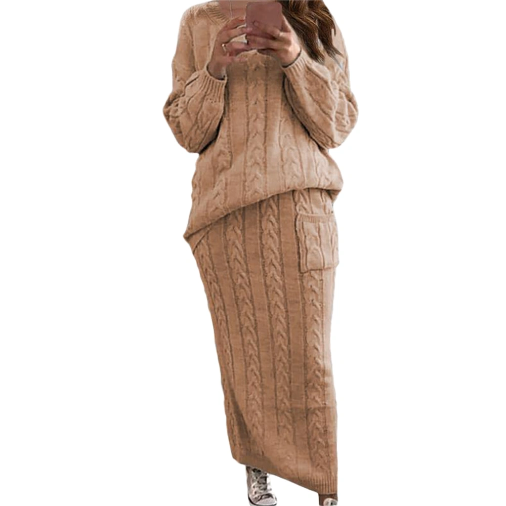 Cable Knit Long Sleeve Drop Shoulder Sweater Long Skirt Set Women Autumn Winter Pure Color 2 Piece Outfit Khaki 3XL