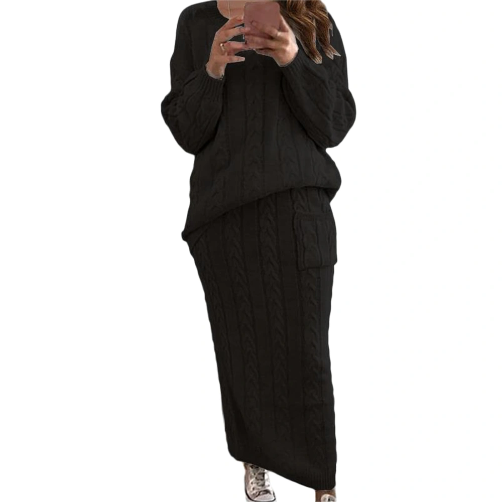 Cable Knit Long Sleeve Drop Shoulder Sweater Long Skirt Set Women Autumn Winter Pure Color 2 Piece Outfit Black M