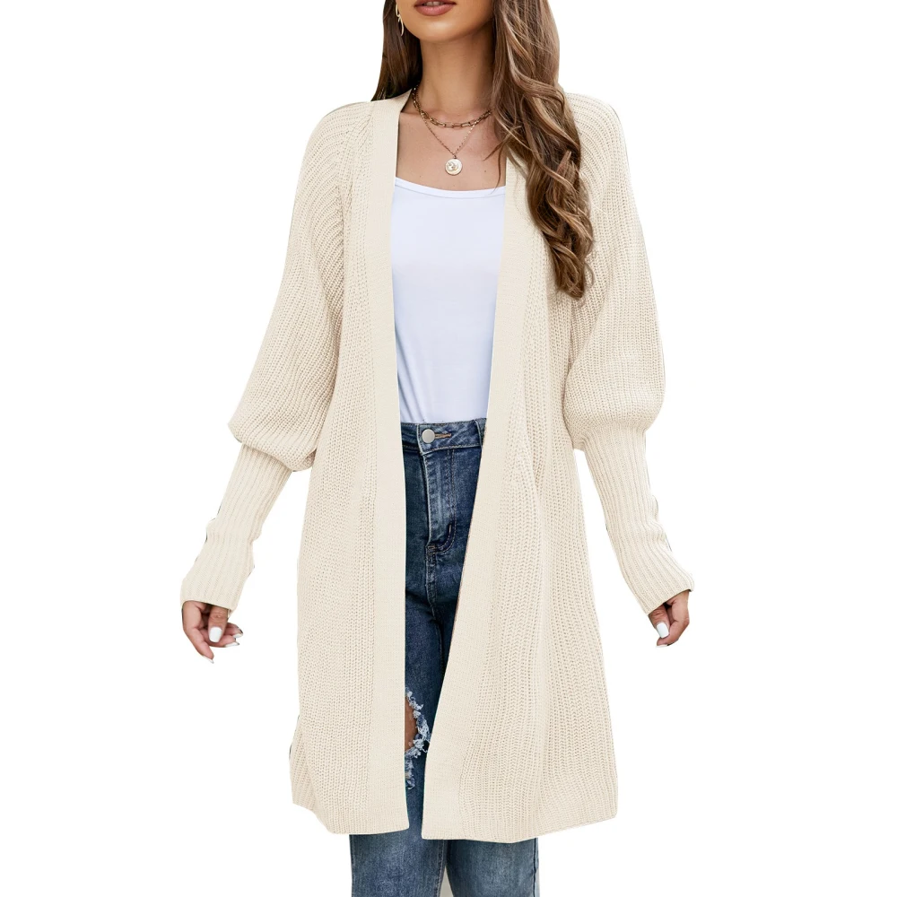 Women Knit Coat Open Front Belted Long Puff Sleeves Pure Color Midi Length Casual Sweater Coat Beige M