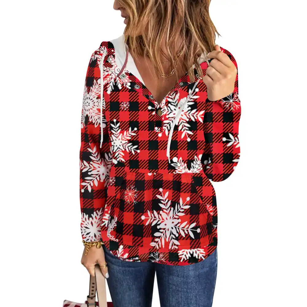 Women V Neck Christmas Sweatshirt Fashionable Casual Loose Autumn Winter Womens Long Sleeve Plaid Hoodie Tops Wine Red XL