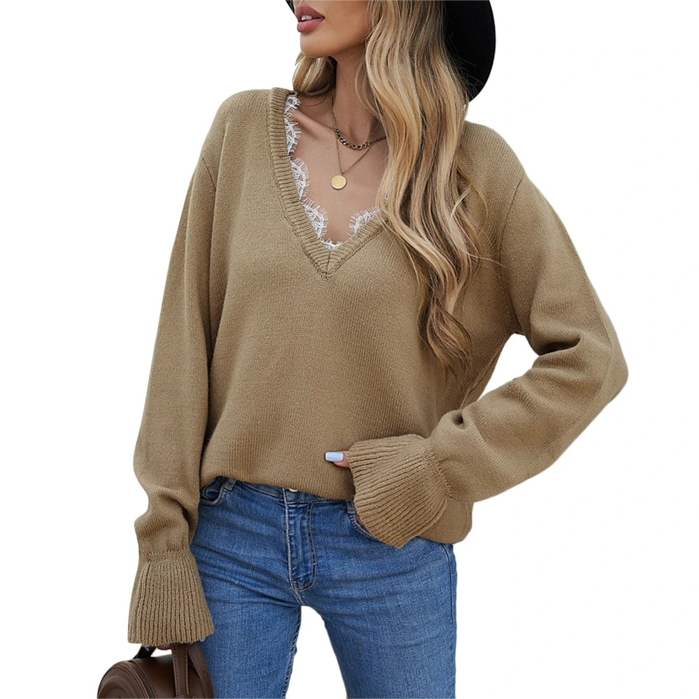 Lace Splicing Deep V Neck Sweater Causal Loose Breathable Long Ruffle Sleeve Women Sweater for Winter Khaki XXL