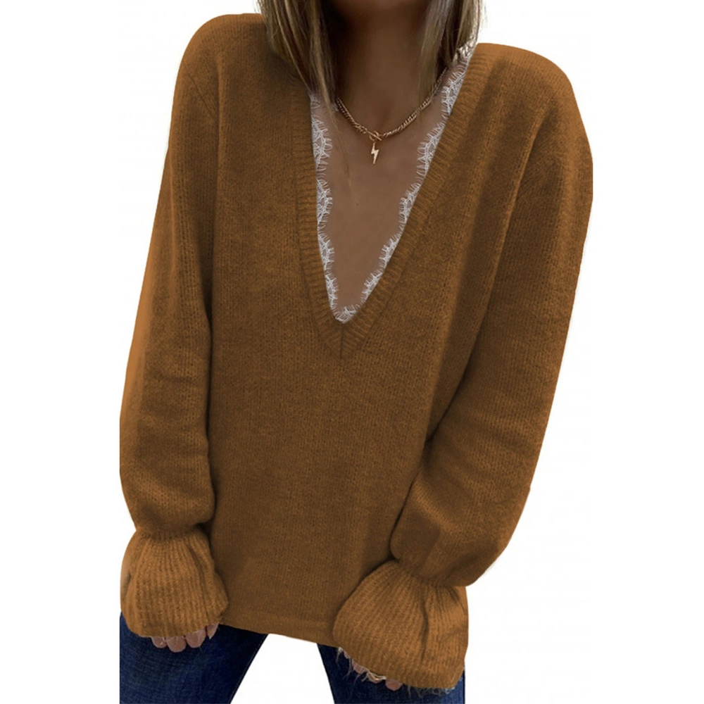 Lace Splicing Deep V Neck Sweater Causal Loose Breathable Long Ruffle Sleeve Women Sweater for Winter Brown M