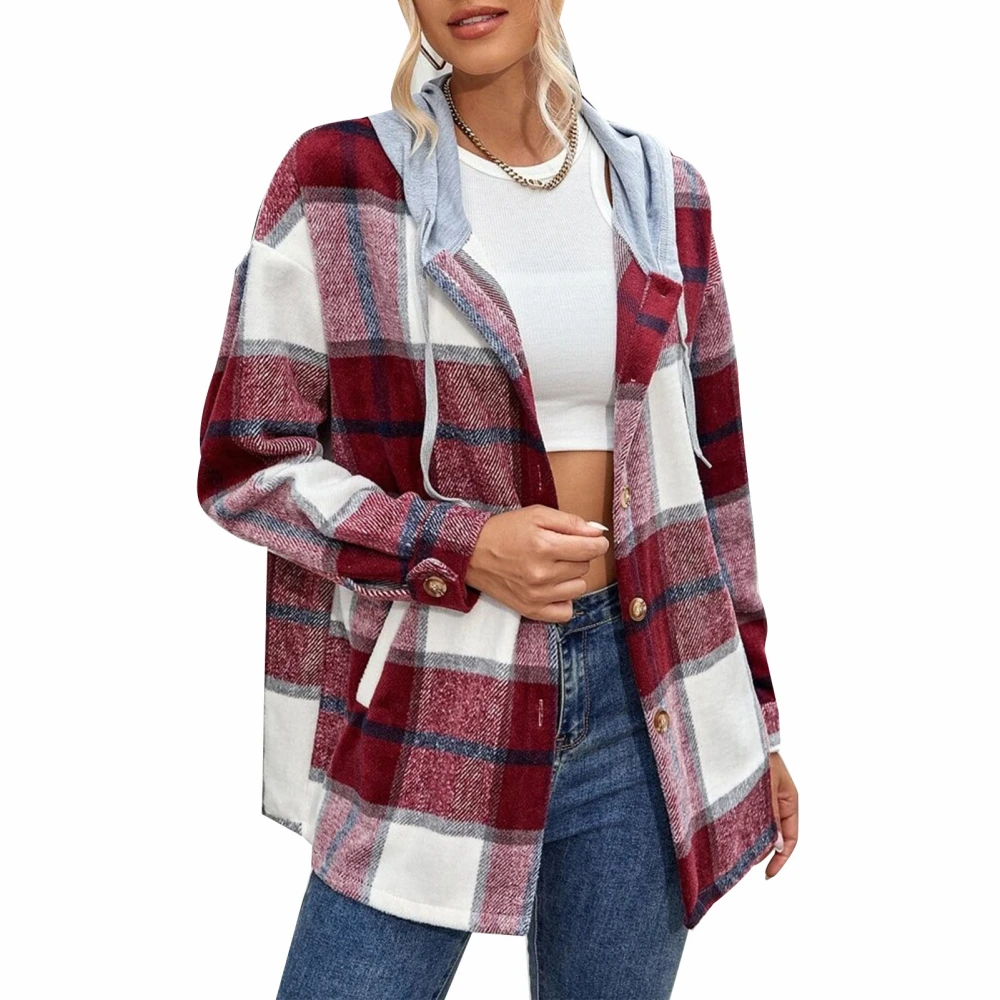 Women Plaid Hooded Top Long Sleeve Button Down Loose Breathable Women Plaid Drawstring Hoodie Blouse for Autumn Winter Red S