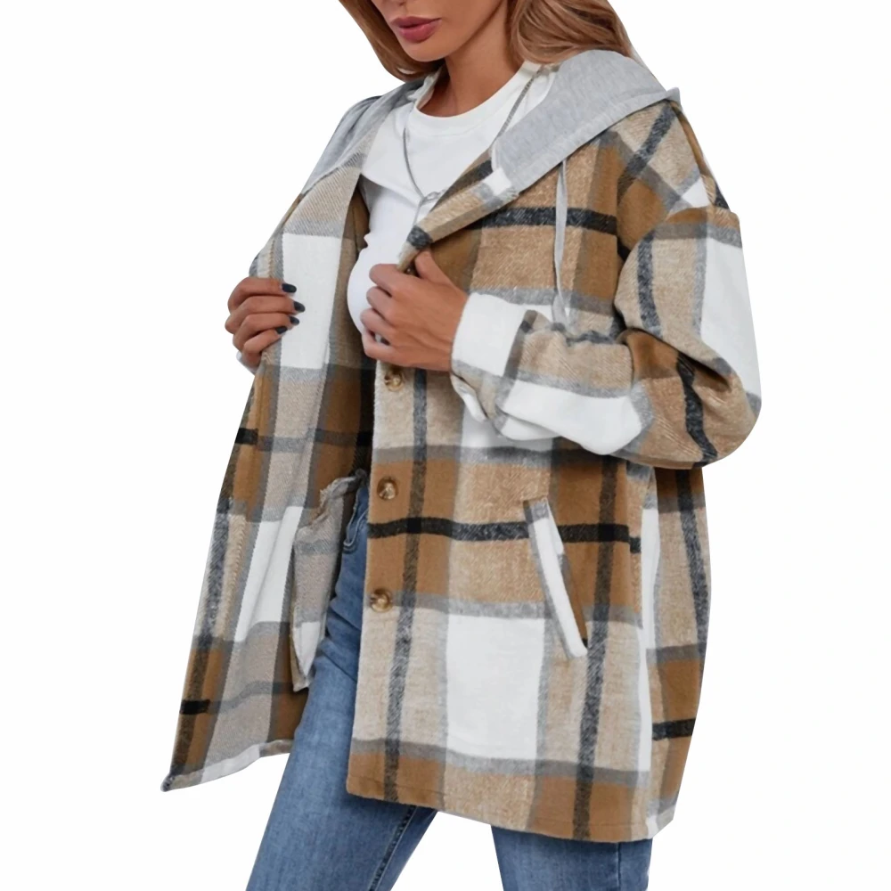 Women Plaid Hooded Top Long Sleeve Button Down Loose Breathable Women Plaid Drawstring Hoodie Blouse for Autumn Winter Khaki M