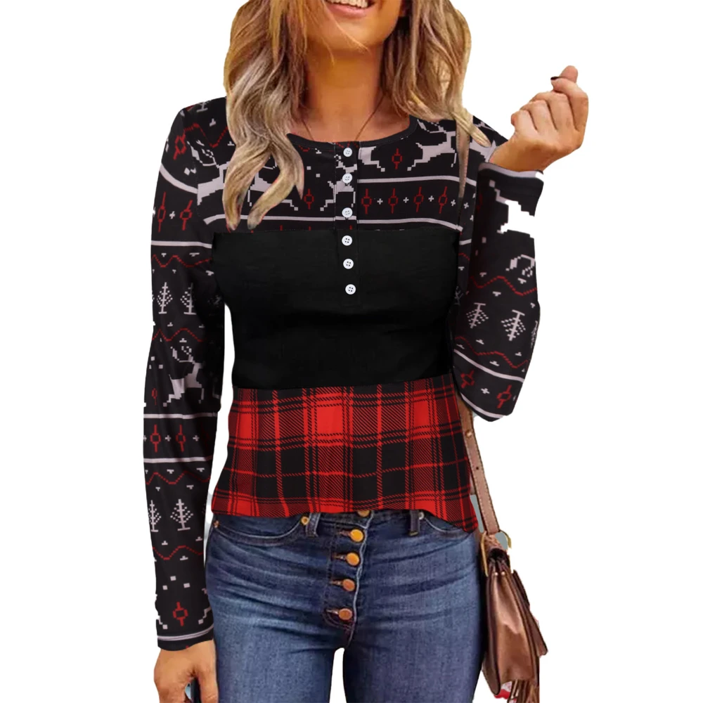 Christmas Print Splicing Shirt Fashionable Slim Round Neck Long Sleeve Color Block Plaid Splicing Top for Autumn Red S