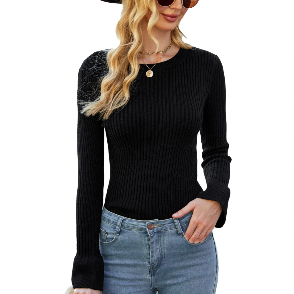 Women Sweater Long Sleeve Knitwear Pullover Crew Neck Knitted Top Pure Colour for Autumn Winter Black S