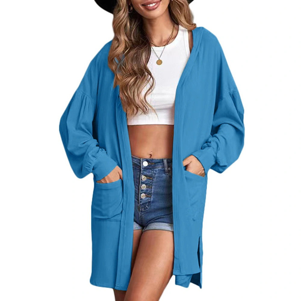 Women Open Front Long Outerwear Pure Color Long Sleeve Double Side Pockets Hooded Split Hem Loose Coat Sky Blue XL