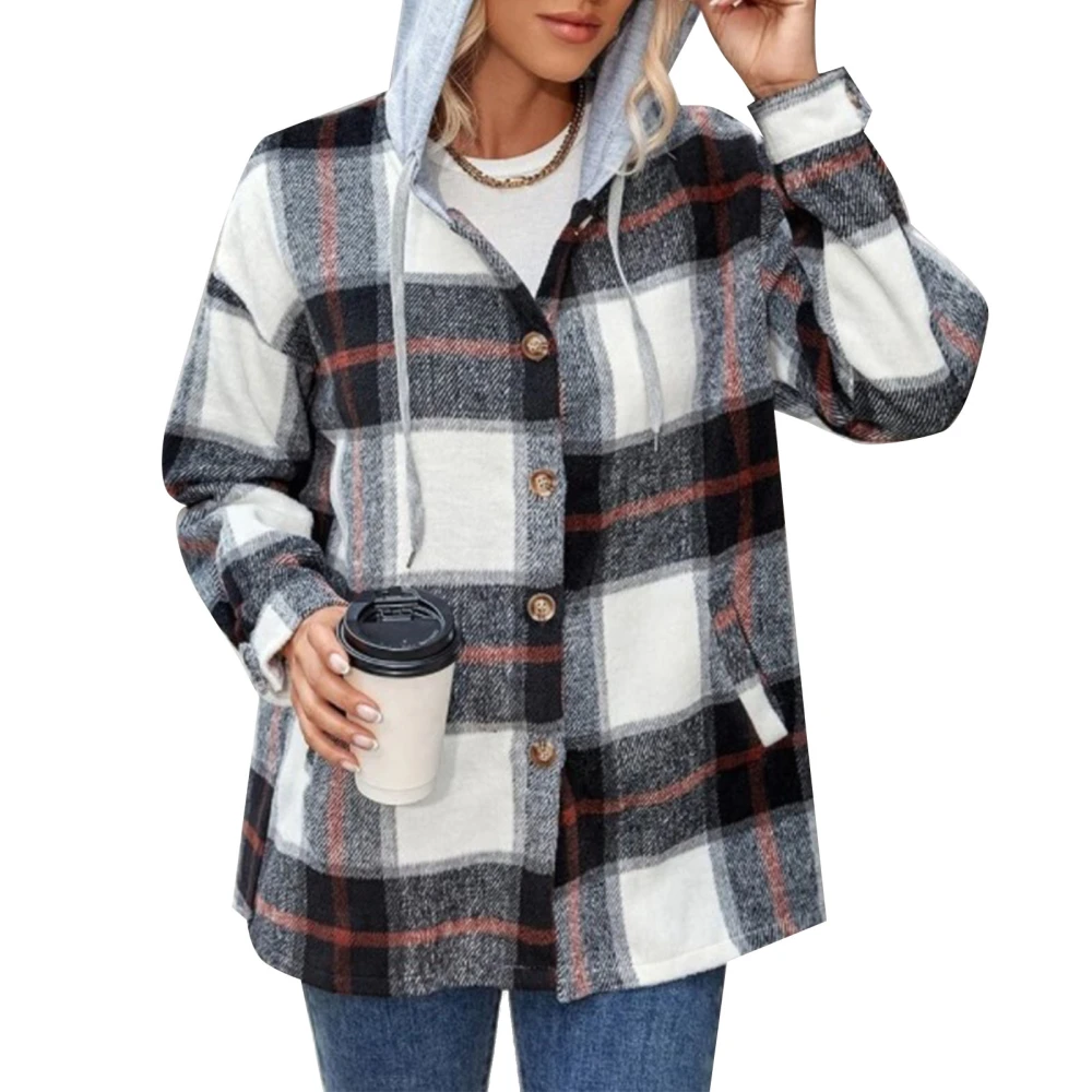 Women Plaid Hooded Top Long Sleeve Button Down Loose Breathable Women Plaid Drawstring Hoodie Blouse for Autumn Winter Black Red L