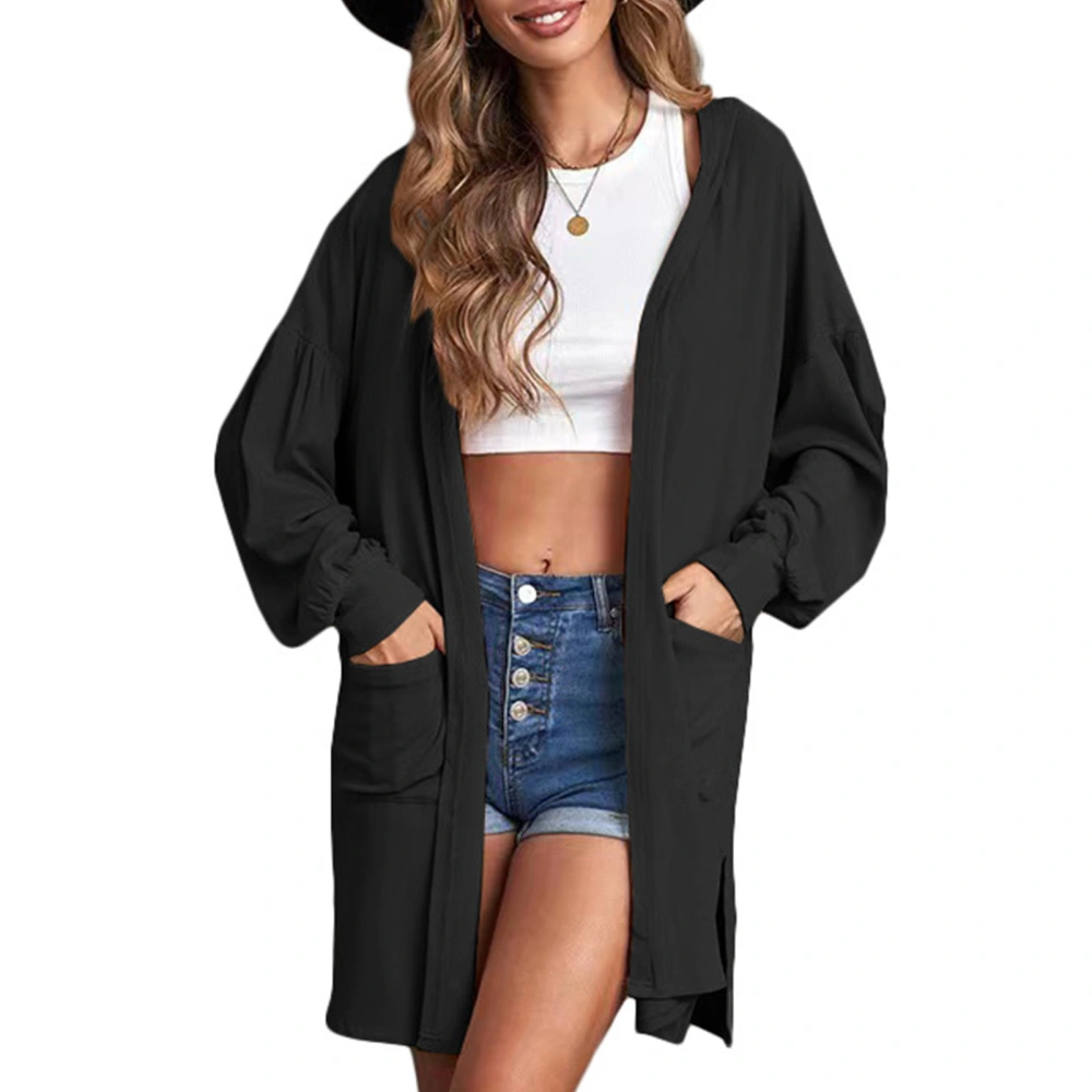 Women Open Front Long Outerwear Pure Color Long Sleeve Double Side Pockets Hooded Split Hem Loose Coat Black XXL