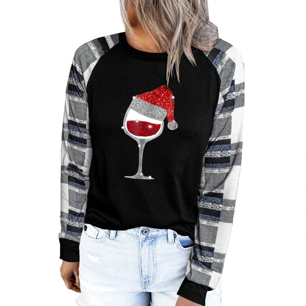 Women Christmas Shirt Long Sleeve Round Neck Splicing Contrast Color Casual Lady Pullover Top for Autumn Winter Red XL