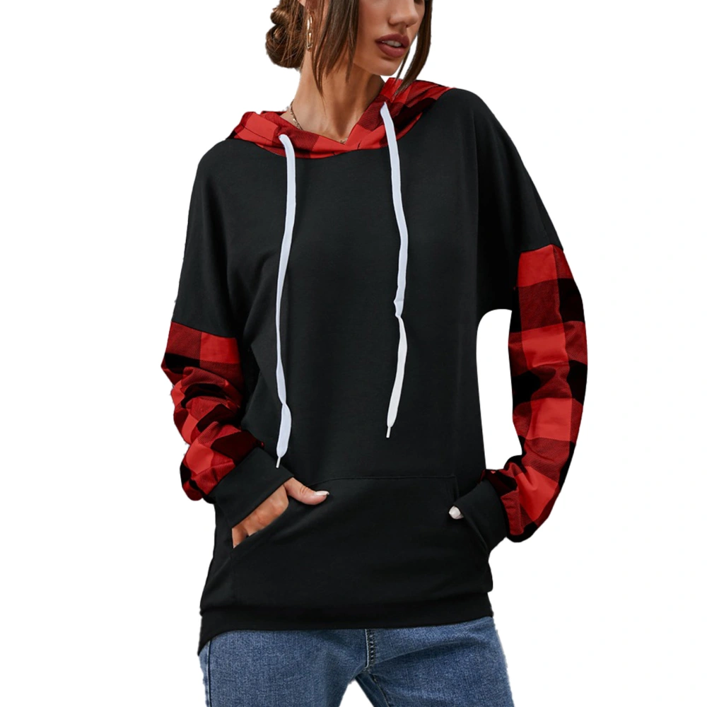 Women Hooded Sweatshirt Plaid Splicing Sleeve Loose Fit Casual Lady Pullover Hoodie with Front Pocket Red S