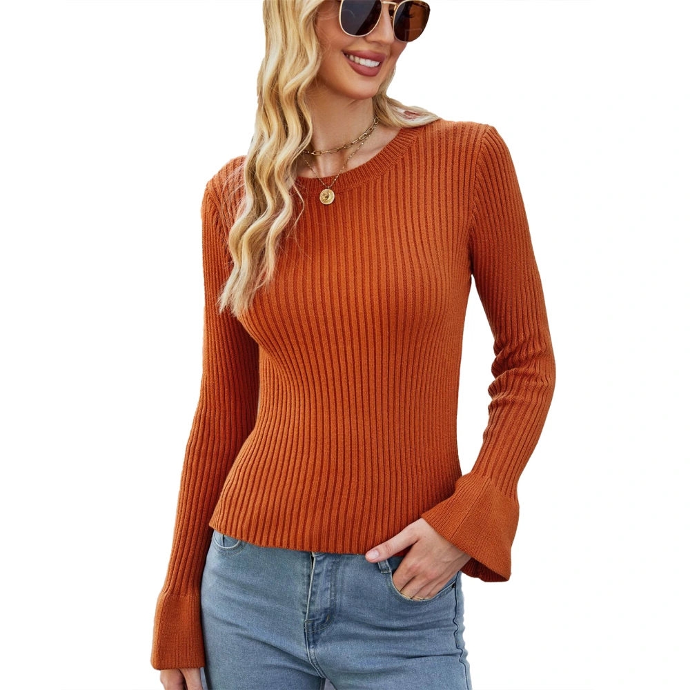 Women Sweater Long Sleeve Knitwear Pullover Crew Neck Knitted Top Pure Colour for Autumn Winter Rust Red M