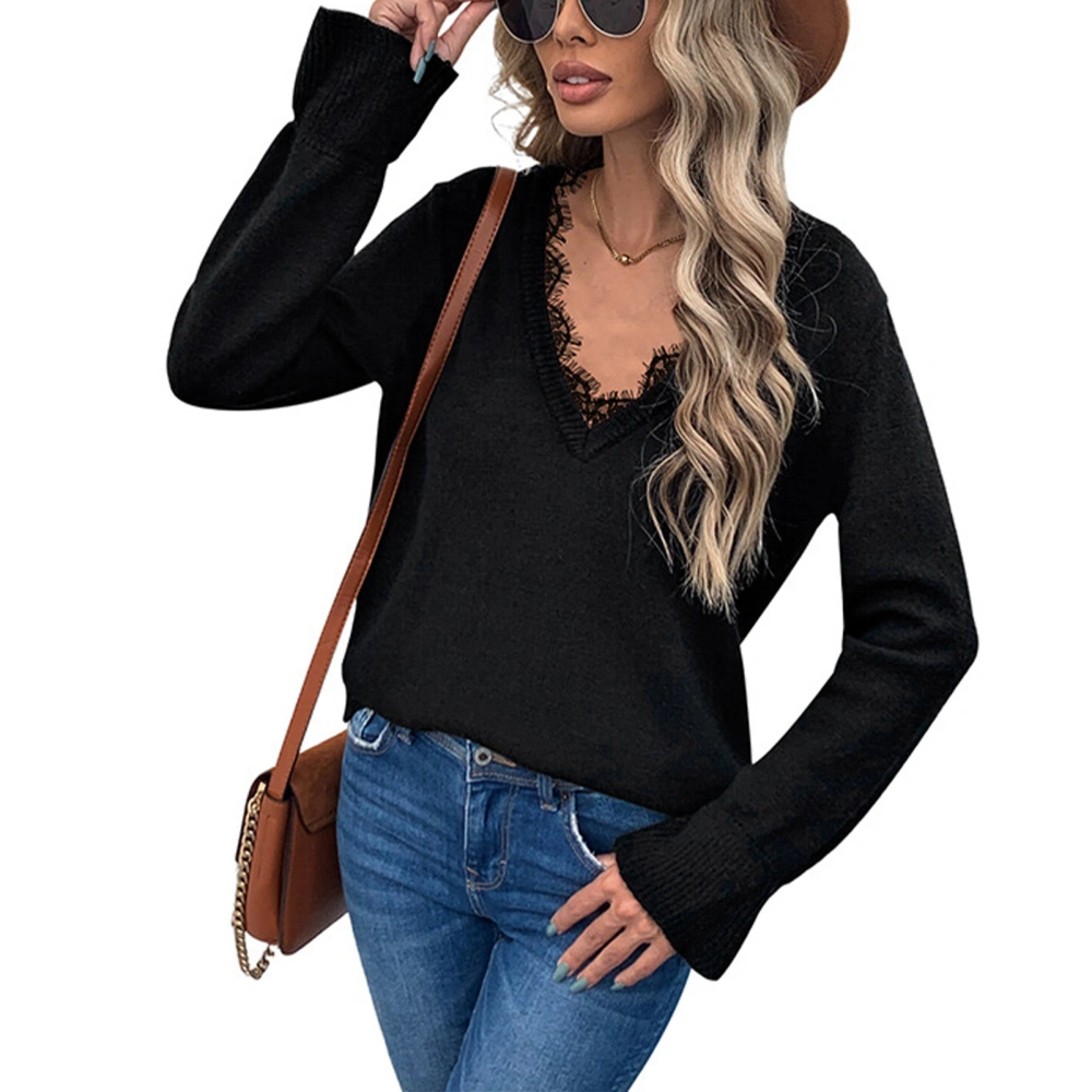 Lace Splicing Deep V Neck Sweater Causal Loose Breathable Long Ruffle Sleeve Women Sweater for Winter Black L