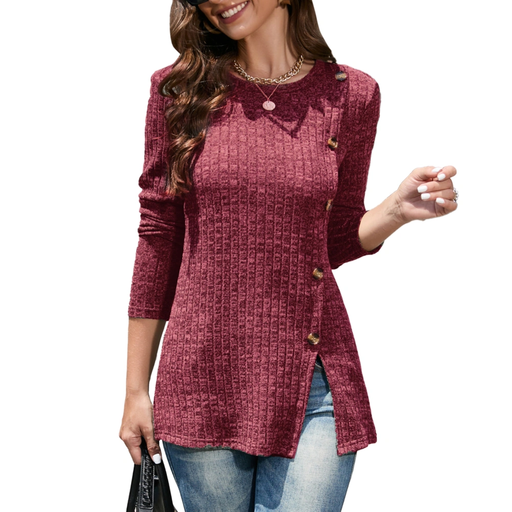 Long Sleeve Knitwear Round Neck Striped Pattern Casual Comfortable Single Side Button Side Slit Sweater for Autumn Winter Brownish Red S