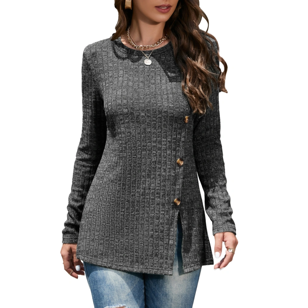 Long Sleeve Knitwear Round Neck Striped Pattern Casual Comfortable Single Side Button Side Slit Sweater for Autumn Winter Grey M