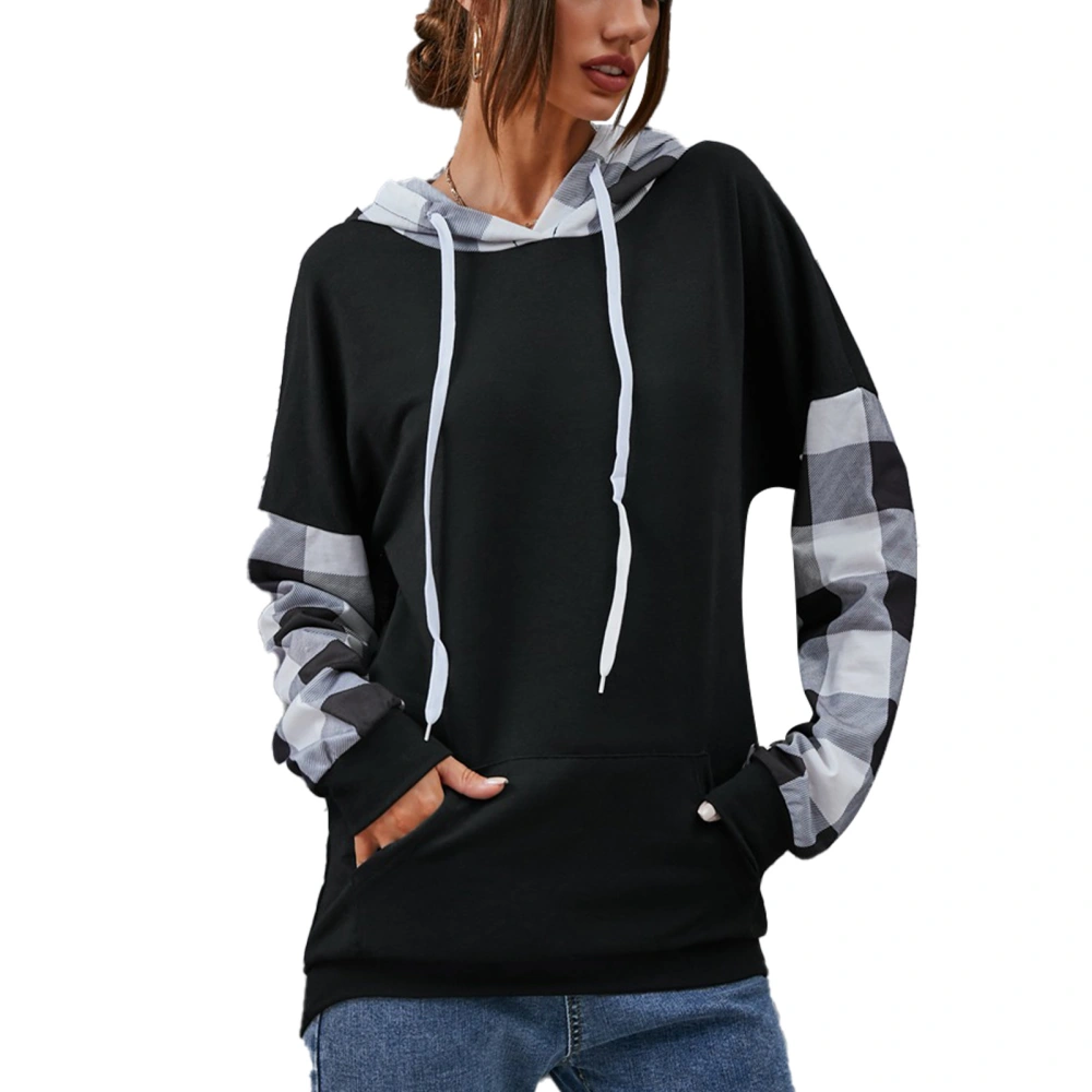 Women Hooded Sweatshirt Plaid Splicing Sleeve Loose Fit Casual Lady Pullover Hoodie with Front Pocket White L