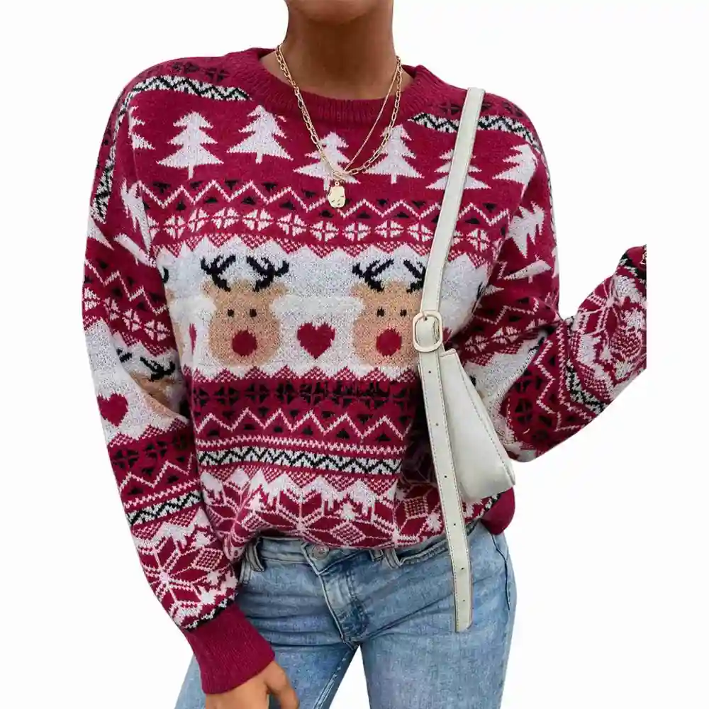 Women Pullover Sweater Christmas Decoration Crew Neck Knitted Sweater for Autumn and Winter Red S