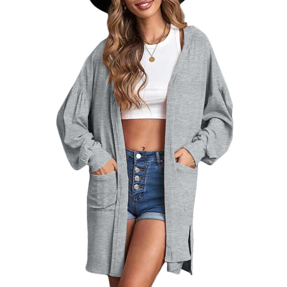 Women Open Front Long Outerwear Pure Color Long Sleeve Double Side Pockets Hooded Split Hem Loose Coat Grey L