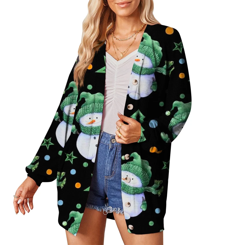 Christmas Coat Button Front Long Sleeves Clear Print Casual Comfortable Coat for Shopping Festival Green XXL