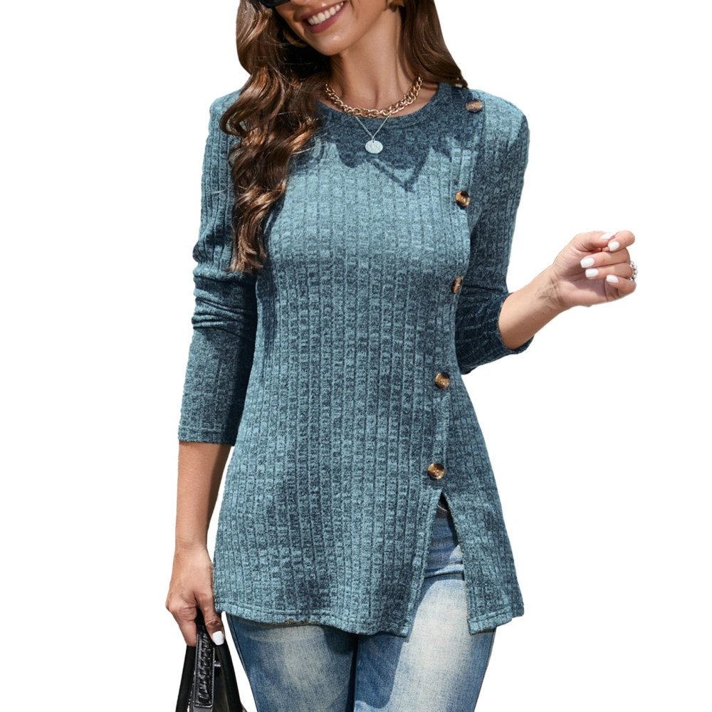 Long Sleeve Knitwear Round Neck Striped Pattern Casual Comfortable Single Side Button Side Slit Sweater for Autumn Winter Peacock Blue XXL