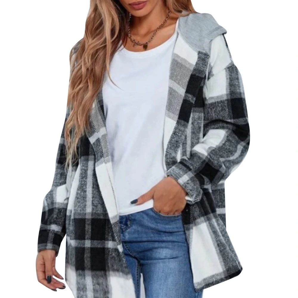 Women Plaid Hooded Top Long Sleeve Button Down Loose Breathable Women Plaid Drawstring Hoodie Blouse for Autumn Winter Black White XL