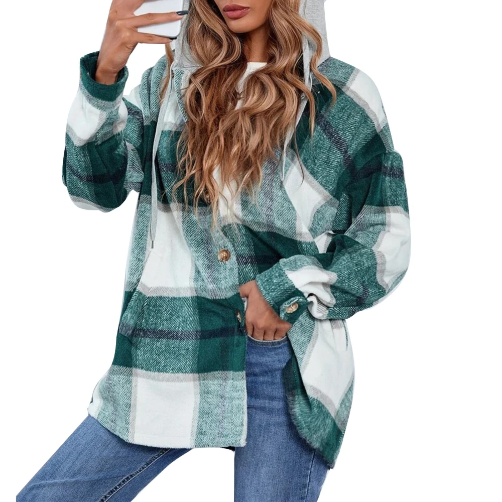 Women Plaid Hooded Top Long Sleeve Button Down Loose Breathable Women Plaid Drawstring Hoodie Blouse for Autumn Winter Green XL