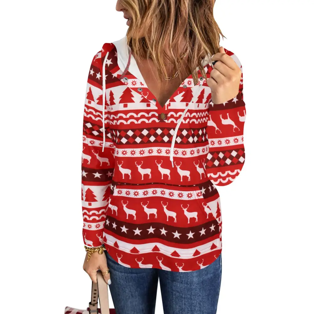 Women V Neck Christmas Sweatshirt Fashionable Casual Loose Autumn Winter Womens Long Sleeve Plaid Hoodie Tops Red M