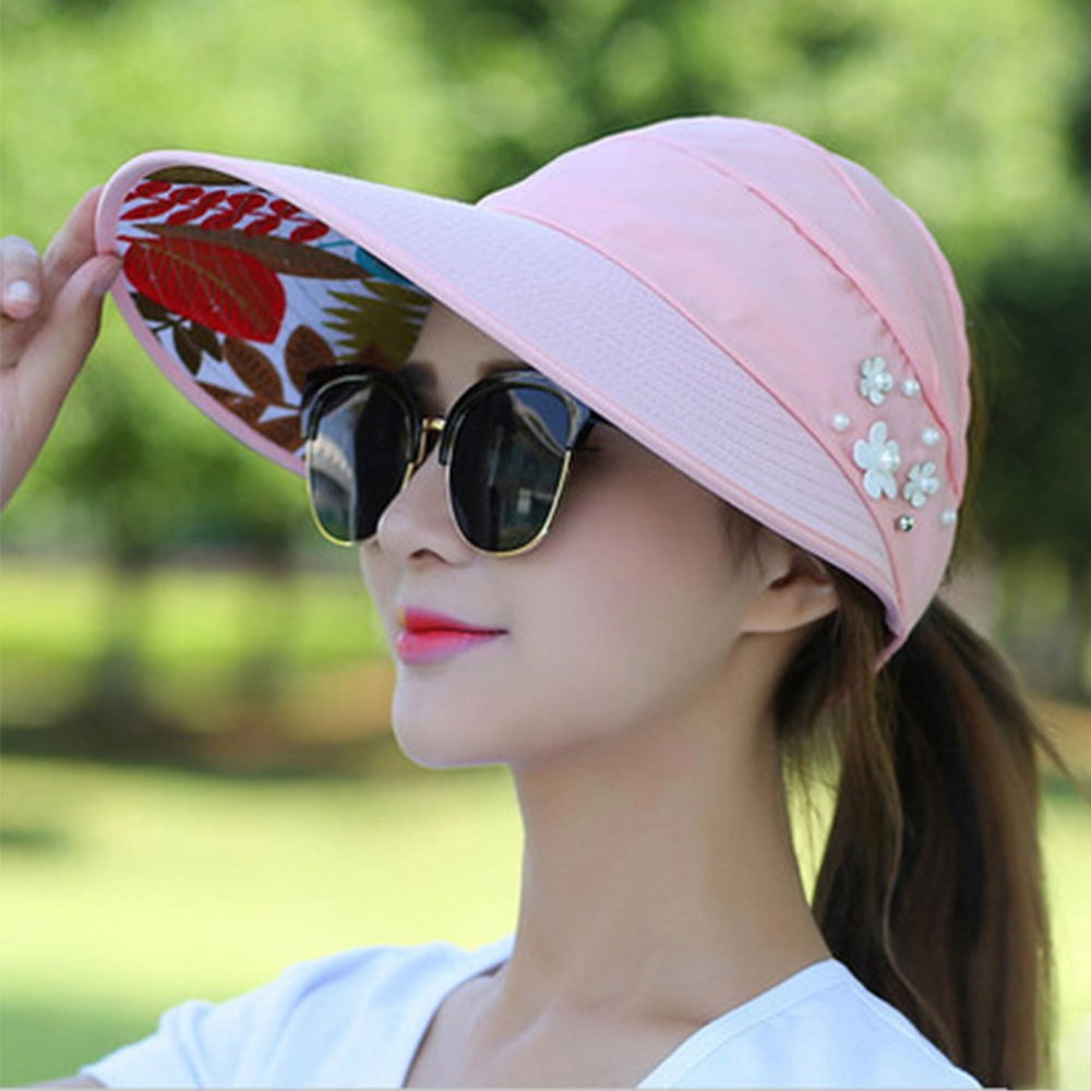 Womens Sun Hat Flowers and Pearls UV Protection Wide Brim Breathable Foldable Summer Beach Packable Visor for Outdoor Pink