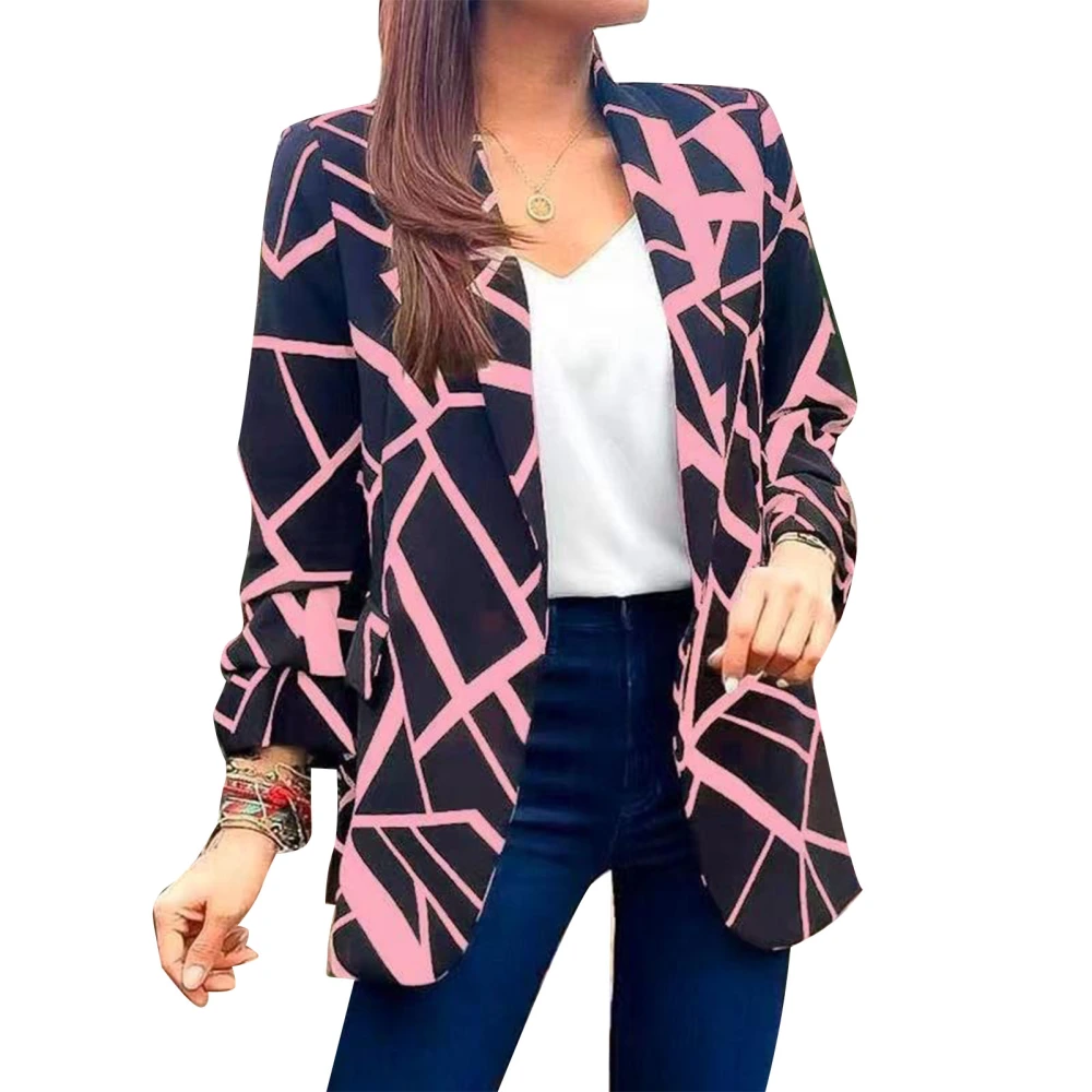 Women Printed Suit Jacket Open Front Long Sleeve Turn Down Collar Slim Fit Fashion Print Office Jackets Pink XL