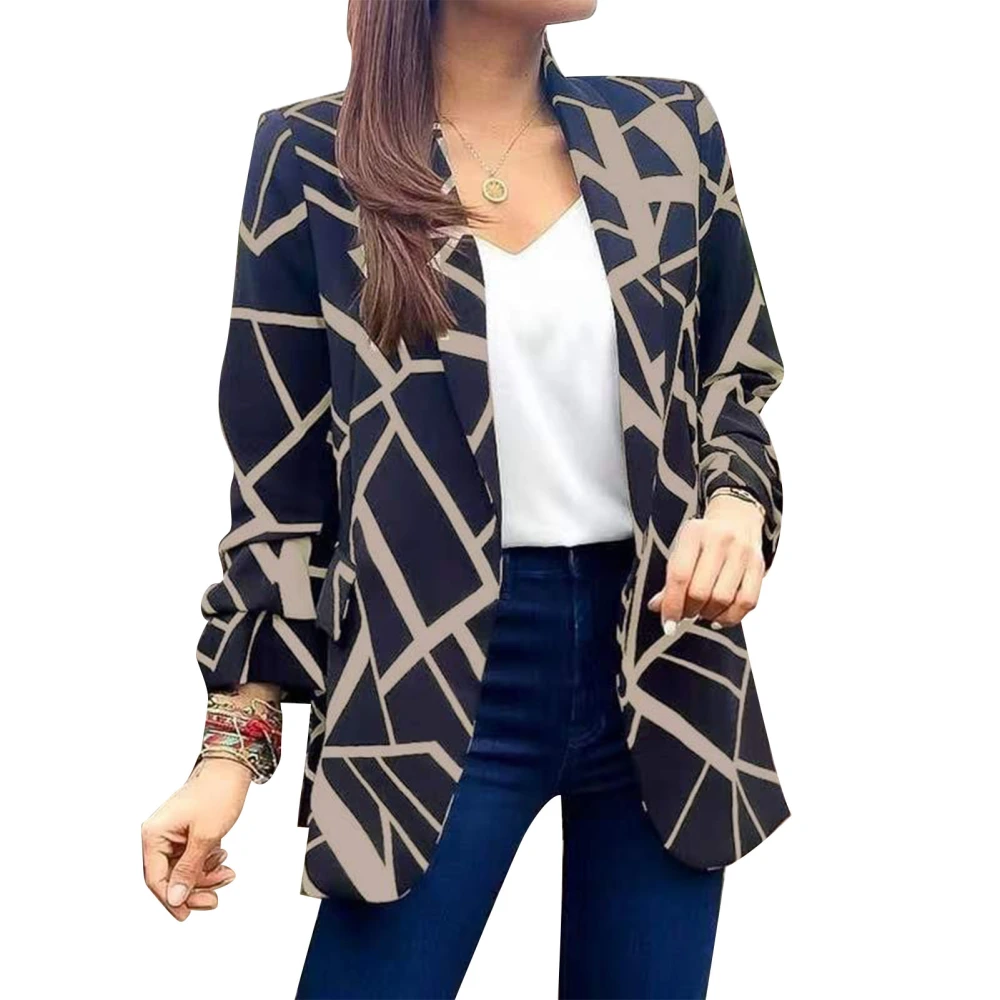 Women Printed Suit Jacket Open Front Long Sleeve Turn Down Collar Slim Fit Fashion Print Office Jackets Khaki L