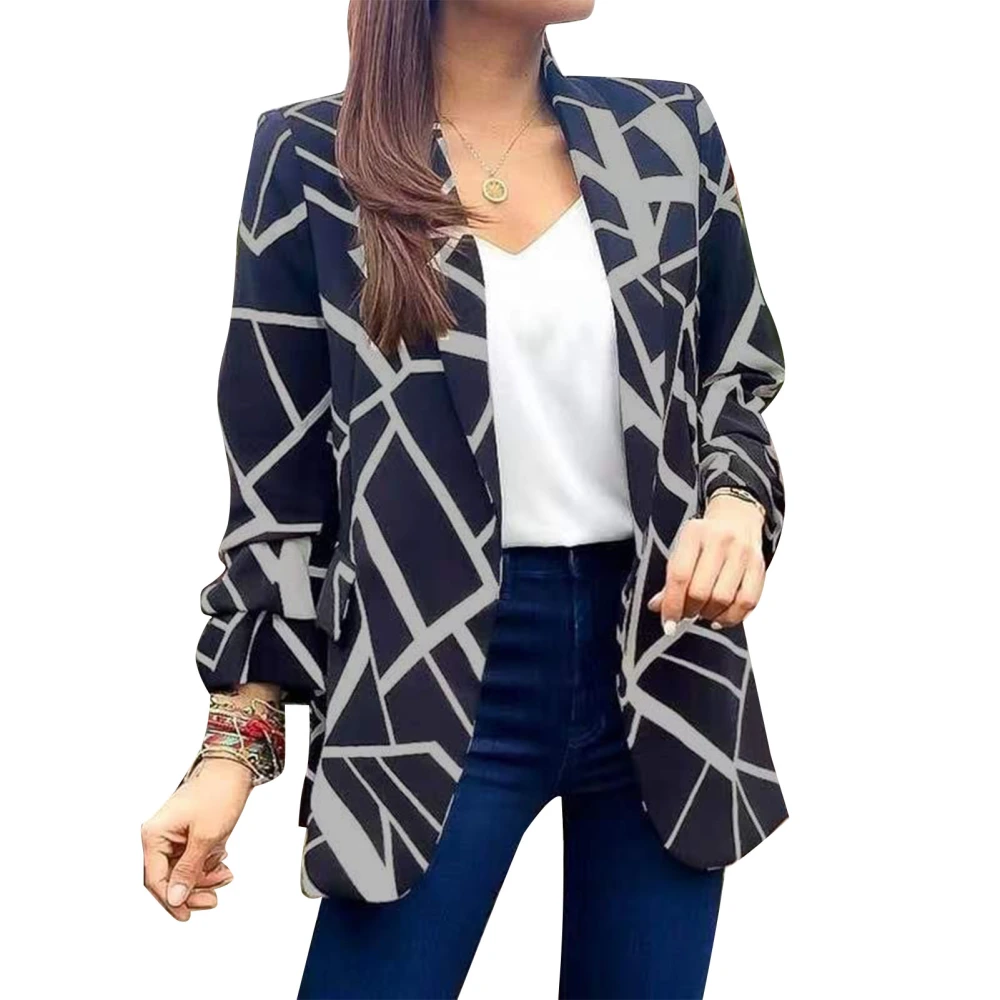 Women Printed Suit Jacket Open Front Long Sleeve Turn Down Collar Slim Fit Fashion Print Office Jackets Grey XL