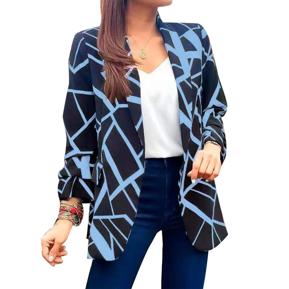 Women Printed Suit Jacket Open Front Long Sleeve Turn Down Collar Slim Fit Fashion Print Office Jackets Blue XXL