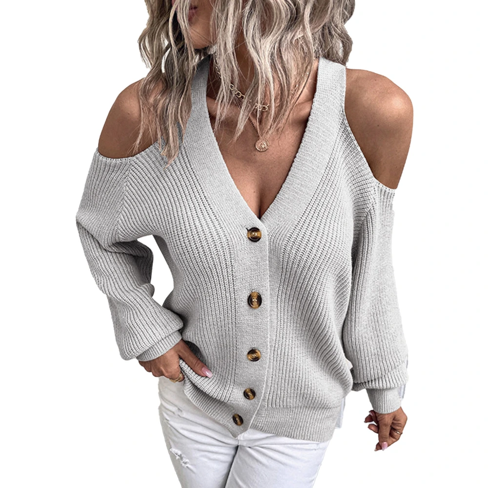 Women Button Up Sweater V Neck Cold Shoulder Pure Color Breathable Women Long Sleeve Sweater for Daily Party Work Grey M