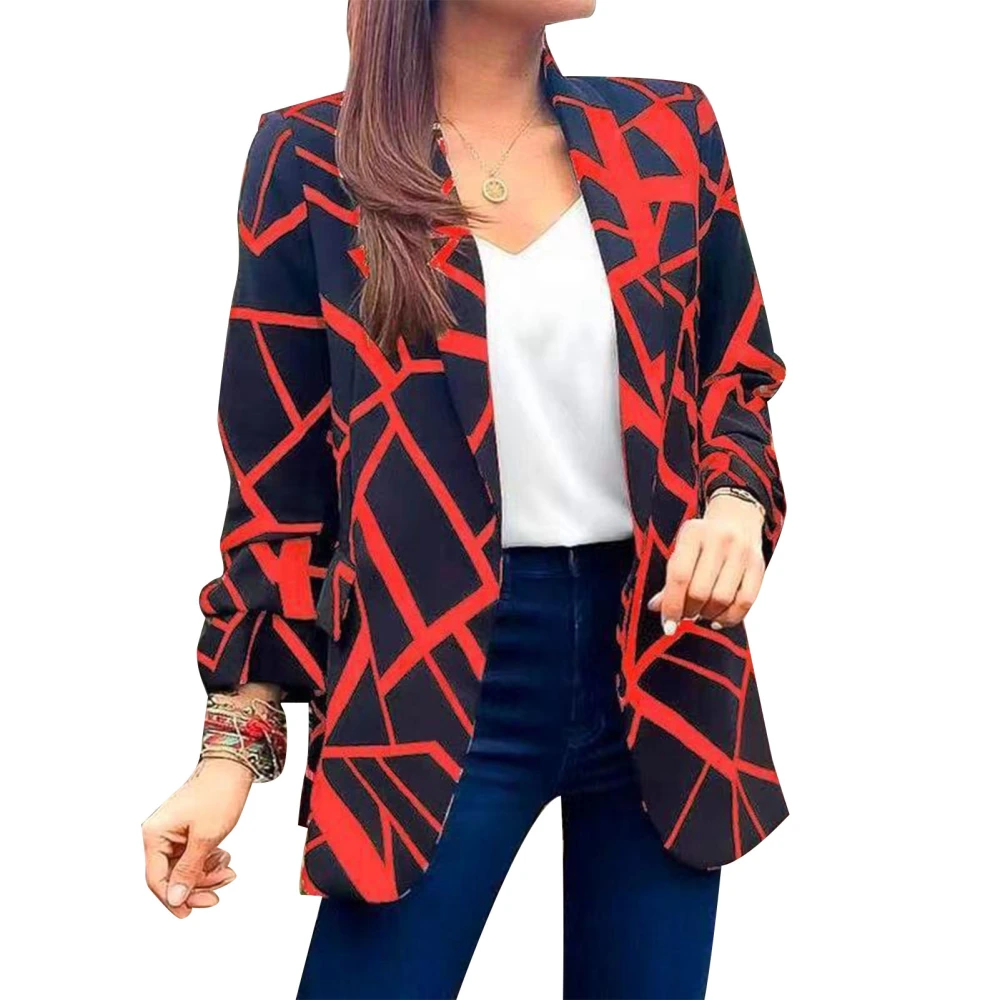 Women Printed Suit Jacket Open Front Long Sleeve Turn Down Collar Slim Fit Fashion Print Office Jackets Red 3XL