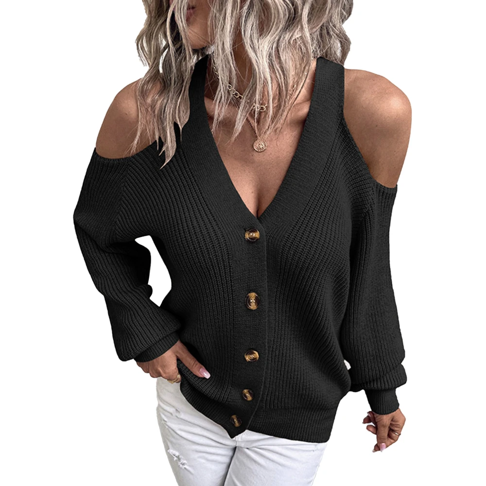 Women Button Up Sweater V Neck Cold Shoulder Pure Color Breathable Women Long Sleeve Sweater for Daily Party Work Black M