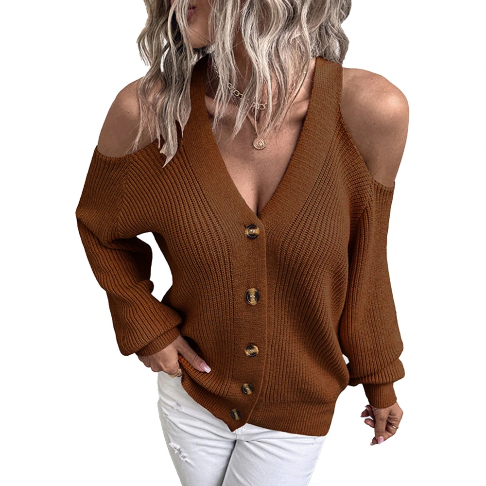 Women Button Up Sweater V Neck Cold Shoulder Pure Color Breathable Women Long Sleeve Sweater for Daily Party Work Caramel L