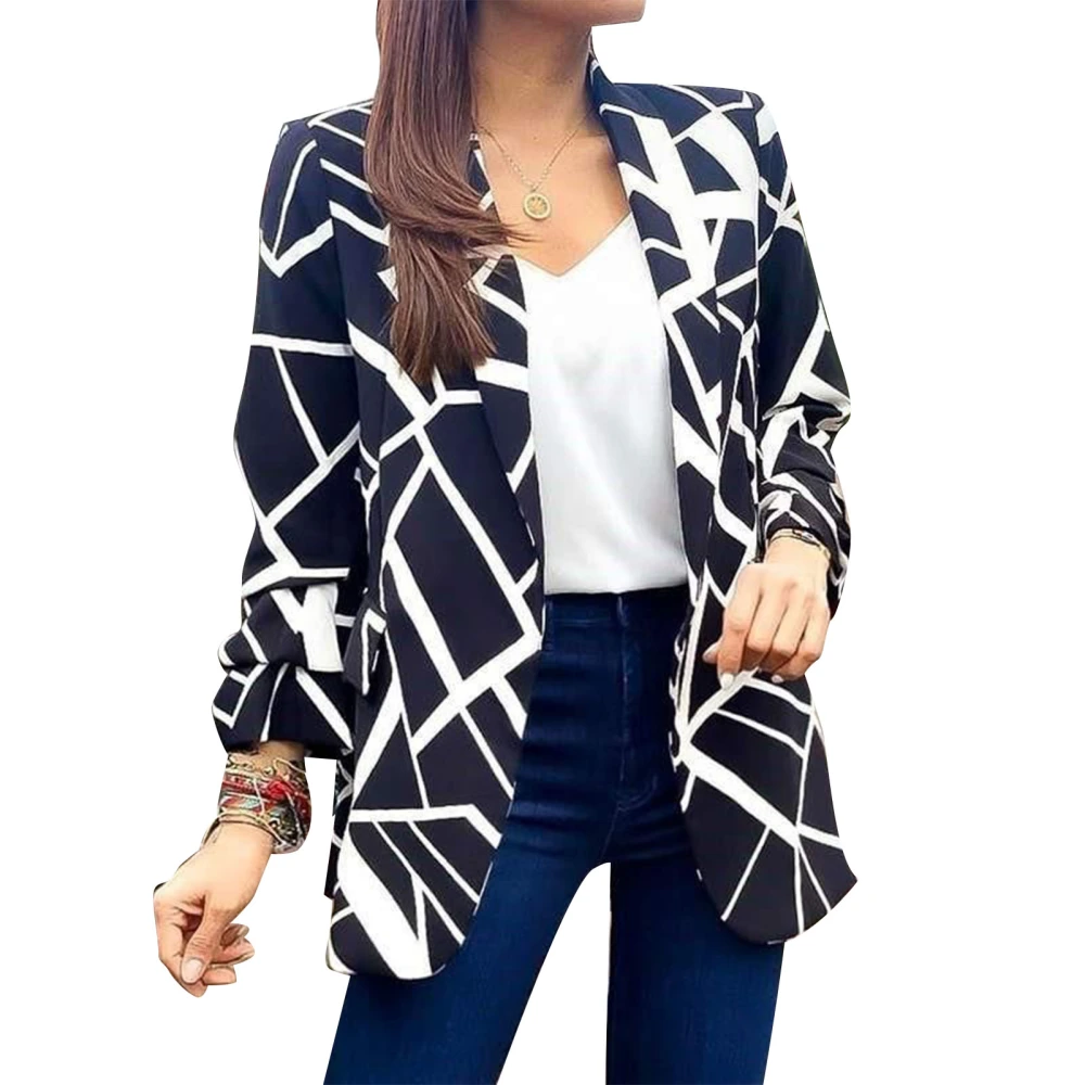 Women Printed Suit Jacket Open Front Long Sleeve Turn Down Collar Slim Fit Fashion Print Office Jackets White L