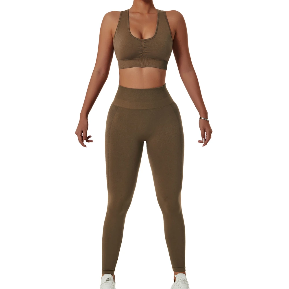 Women Workout Outfits Stylish High Waist Ribbed Seamless Breathable Women 2 Pieces Sports Set for Sports Running Coffee M