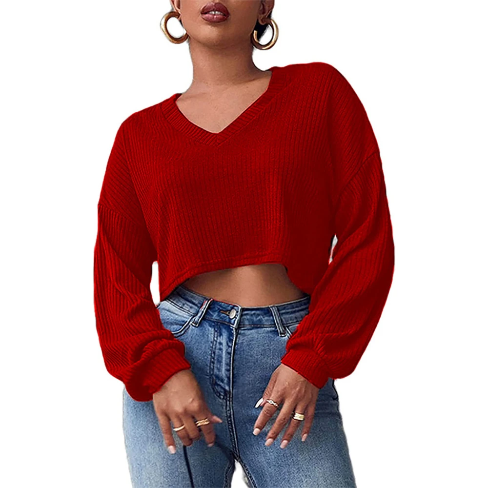 Women Short Sweatshirt V Neck Drop Shoulder Long Sleeves Navel Exposed Plain Pattern Loose Casual Short Pullover Top Red L