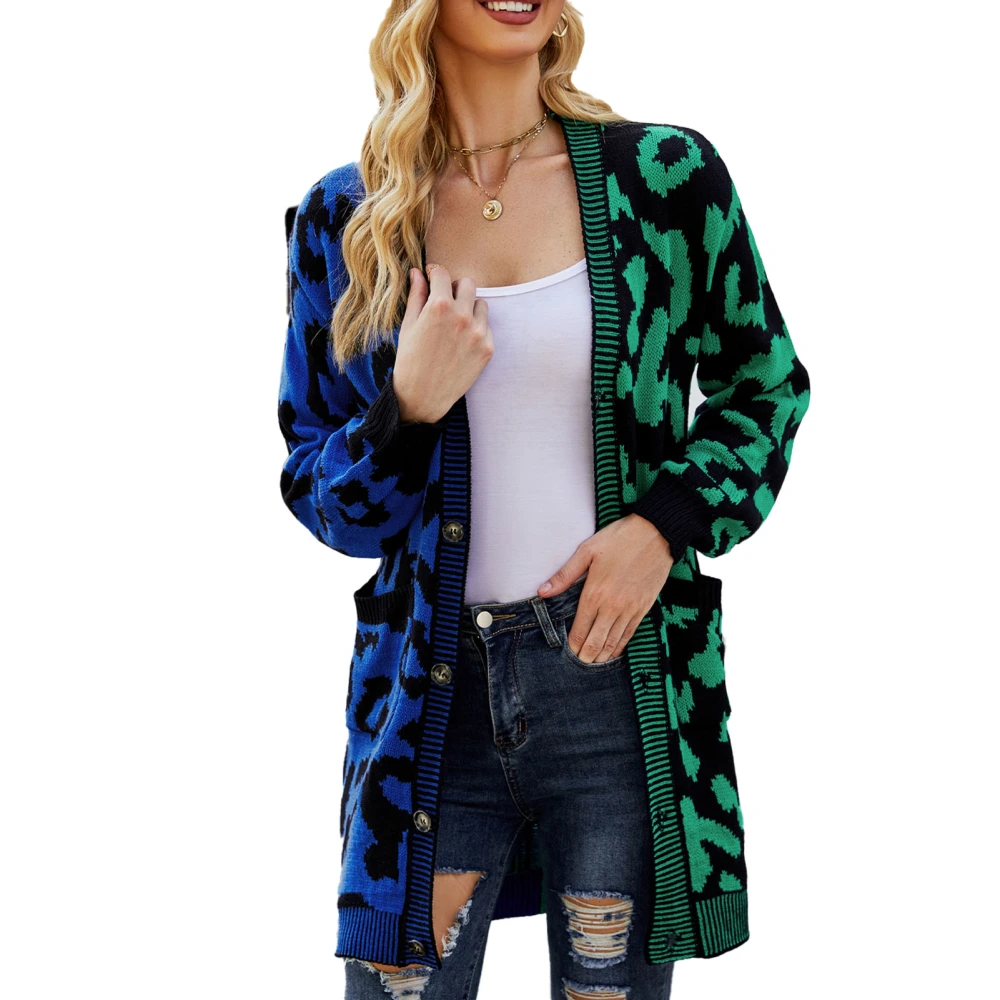 Leopard Print Long Open Coat Stitching Single Breasted Side Pockets Casual Fit Leopard Print Coat Green M