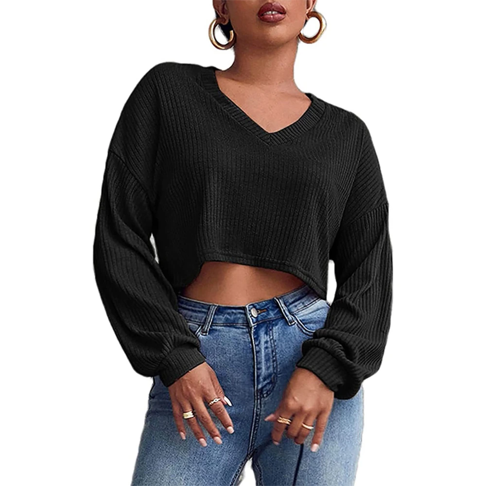 Women Short Sweatshirt V Neck Drop Shoulder Long Sleeves Navel Exposed Plain Pattern Loose Casual Short Pullover Top Black S