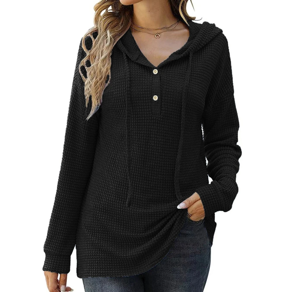 Womans Hoodies Pure Color Drawstring Dropped Shoulder Button Up Women Pullover Hoodie for Party Office Street Black S