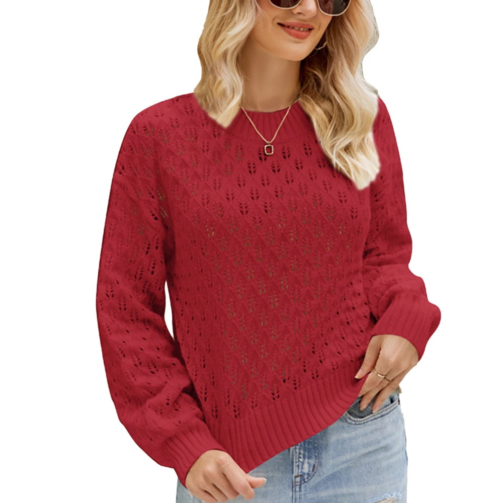 Pullover Long Sleeve Round Collar Loose Comfortable Skin Friendly Polyester Hollow Sweater for Autumn Winter Red S