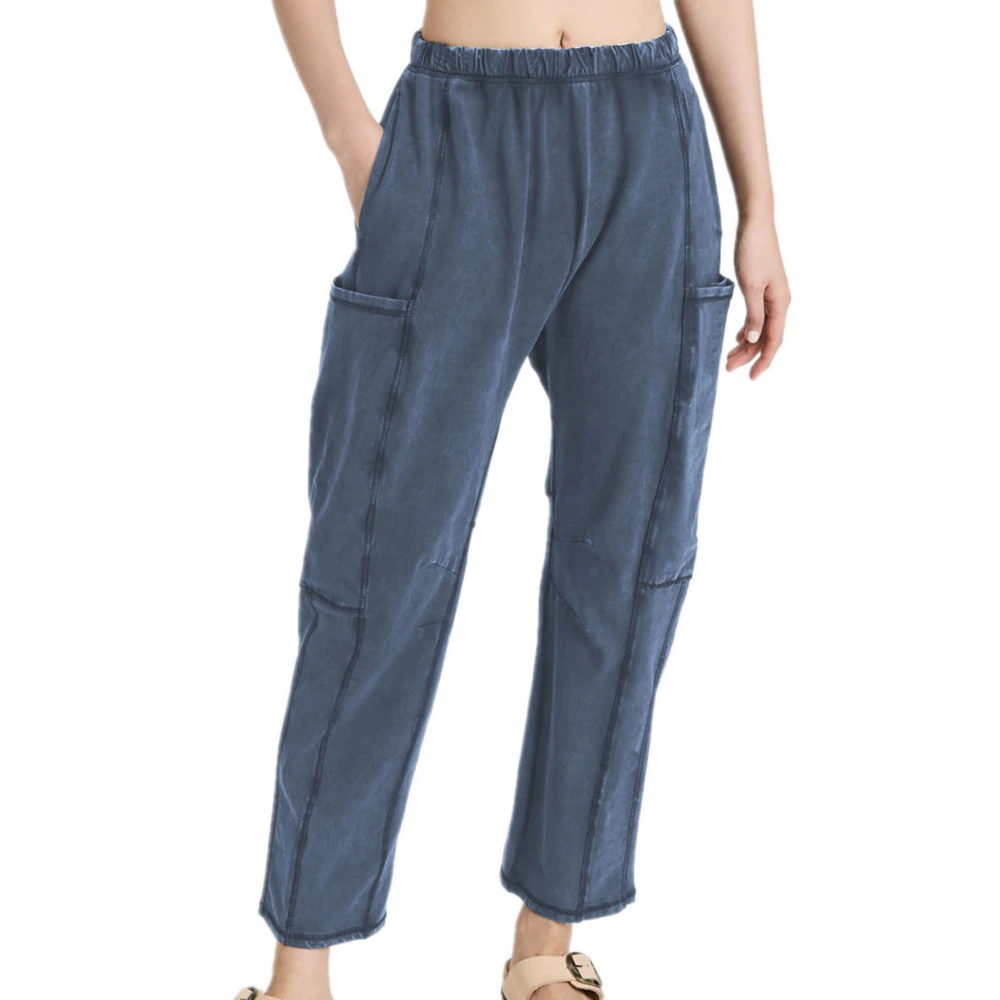 Women Sports Lounge Pants Elastic Waist Large Pockets Split Line Design Fashionable Casual Sweatpants Purplish Blue L