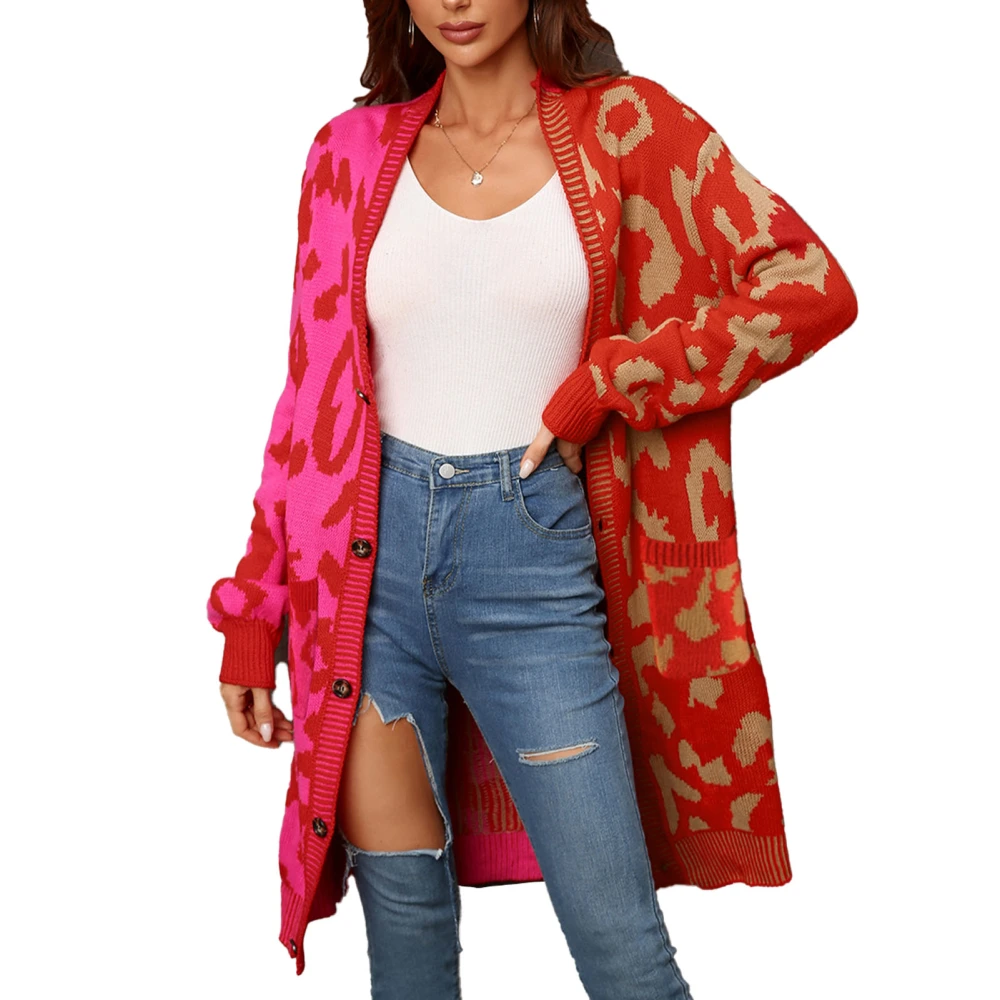 Leopard Print Long Open Coat Stitching Single Breasted Side Pockets Casual Fit Leopard Print Coat Red M