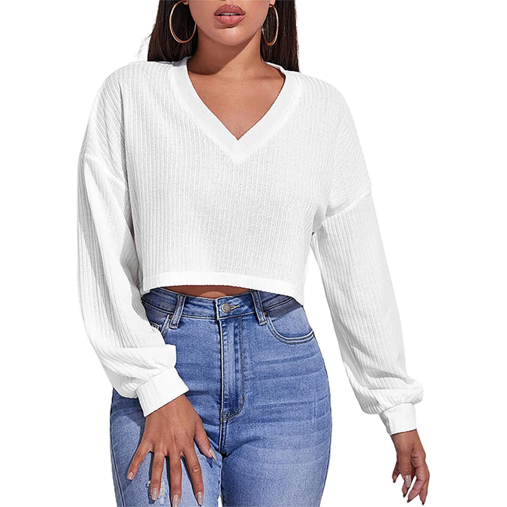 Women Short Sweatshirt V Neck Drop Shoulder Long Sleeves Navel Exposed Plain Pattern Loose Casual Short Pullover Top White S